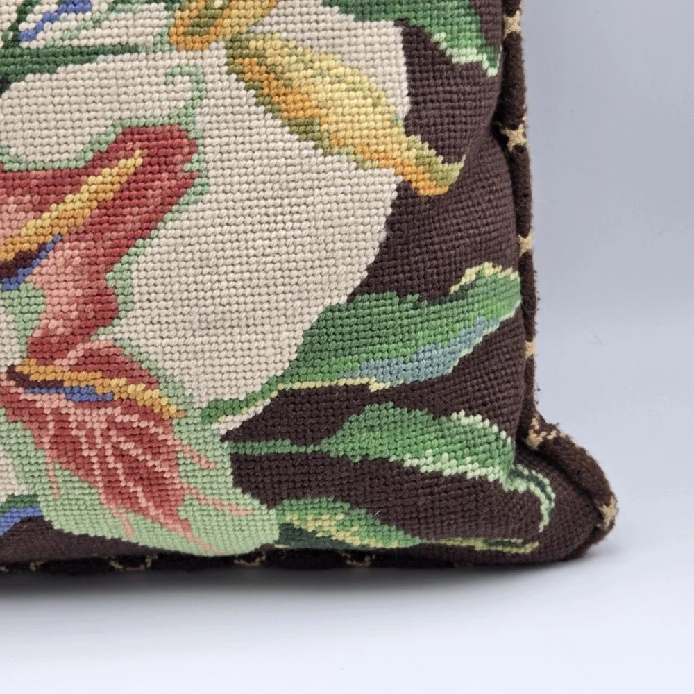 Vintage Needlepoint Brown Lilly Floral Throw Pillow Grandmacore Cottagecore